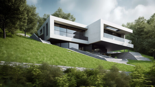 Morning view of a modern house with a terrace and a lawn on the hill. 3d render illustration. Generative AI.