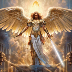 Graphic and biblical representation of the Archangel Michael. AI generativ. - obrazy, fototapety, plakaty