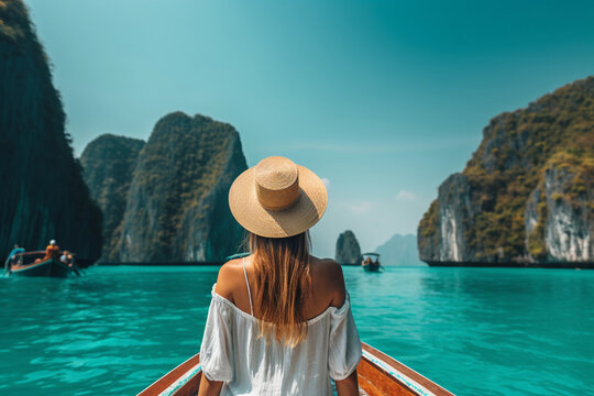 Happy tourist woman in white summer dress relaxing on boat at the beautiful Phi Phi islands with teal waters and clear skies. Krabi, travel concept for Thailand. Generative AI