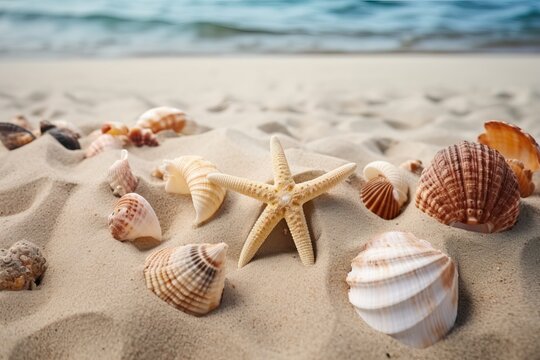 Photo starfish with seashells in sand. Generative AI