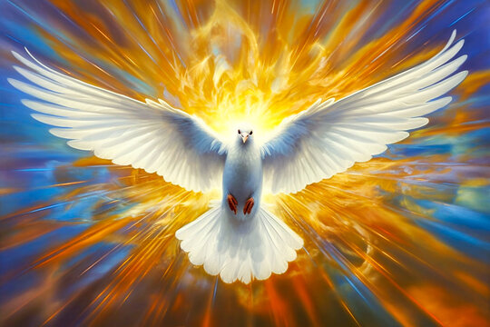 Graphic and biblical representation of the Holy Spirit in the form of a dove. AI generativ.