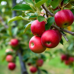 Ripe apples on tree, close up. Generative AI