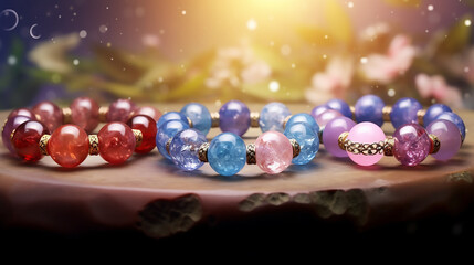 crystal beads bracelets gems stones manifesting energy. Generative AI - obrazy, fototapety, plakaty