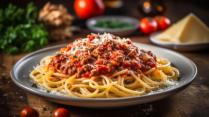 Serve the spaghetti Bolognese with fresh Parmesan and green salad. AI generativ.