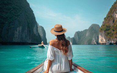 Fototapeta premium Happy tourist woman in white summer dress relaxing on boat at the beautiful Phi Phi islands with teal waters and clear skies. Krabi, travel concept for Thailand. Generative AI