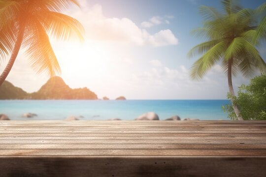 photo 3d render of a wooden table looking out to a tropical landscape. Generative AI