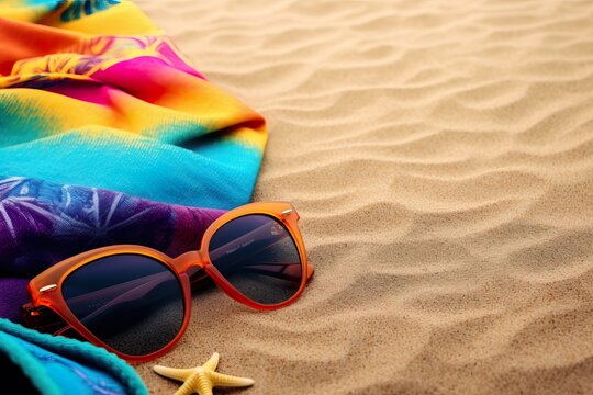 photo colored sunglasses over a beach towel. Generative AI