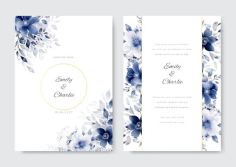 Beautiful blue watercolor leaves invitation card template