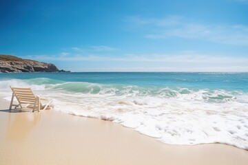 Beautiful sandy beach and soft blue ocean wave. Generative AI