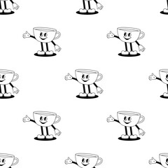 Vector seamless pattern with cartoon retro mascot illustration of a walking cup on a white background. Vintage style 30s, 40s, 50s old animation.