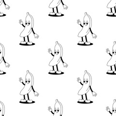 Vector seamless pattern with cartoon retro mascot illustration of a walking banana on a white background. Vintage style 30s, 40s, 50s old animation.