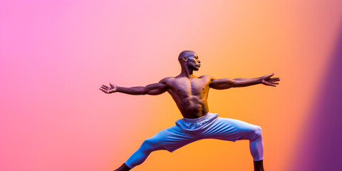 Athletic man in dynamic pose with arms outstretched, shirtless, abstract gradient orange and purple background, wide, copyspace. Generative AI
