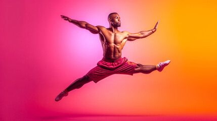 Fototapeta na wymiar Athletic man jumping in dynamic dance pose, floating in midair, wearing shorts and shirtless, orange and pink gradient background. Generative AI