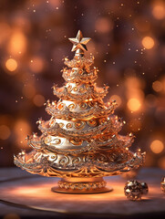 Abstract background with decorative jewelry Christmas tree. Template for greeting card with copy space for text. Generative AI.