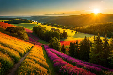 Obraz premium sunset over the field with colorful flower