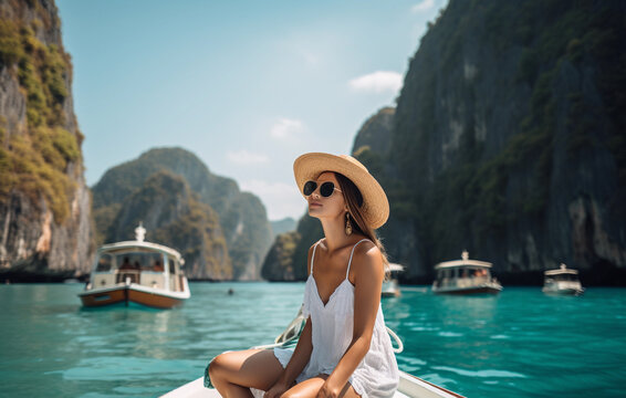 Happy tourist woman in white summer dress relaxing on boat at the beautiful Phi Phi islands with teal waters and clear skies. Krabi, travel concept for Thailand.. Generative AI