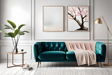 Modern Spring Living Room Interior, Wooden picture frame, Poster mockup, Sofa with linen pale pink striped cushions, Cherry plum blossoms in a vase, Elegant stylish minimal home decor