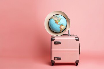 Photo pink suitcase with hat and globe on it. Generative AI