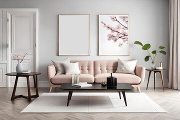 Modern Spring Living Room Interior, Wooden picture frame, Poster mockup, Sofa with linen pale pink striped cushions, Cherry plum blossoms in a vase, Elegant stylish minimal home decor