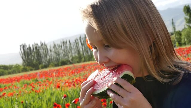 A cute seven year old teenage girl eats a juicy red piece of watermelon holding and biting off the ripe pulp of a watermelon standing outdoors in a poppy field in the mountains at sunset. Portrait