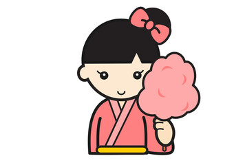 浴衣で綿あめを持つ女の子