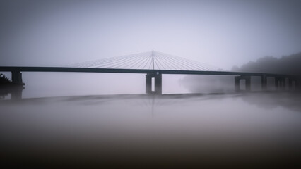 Two parallel bridges over foggy river. Long exposure shot. - generative ai