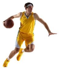 Gardinen Sportive young man, professional basketball player training with basketball ball isolated over transparent background. © Lustre