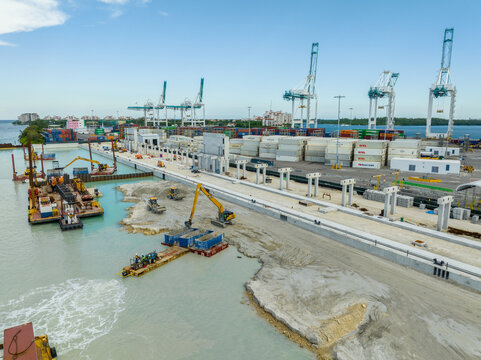 Aerial photo Port of Miami construction growing expansion dredging inlet depth