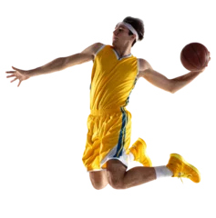 Fotobehang Sportive young man, professional basketball player training with basketball ball isolated over transparent background. © Lustre