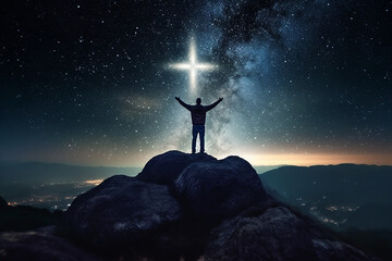 Fototapeta premium Christian cross symbol in the night sky with silhouette of person with their arms raised worshipping God. Generative AI illustration