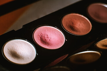 Palette of eyeshadows in pink tones, matte eyeshadows with cosmetic brush, macro, top view