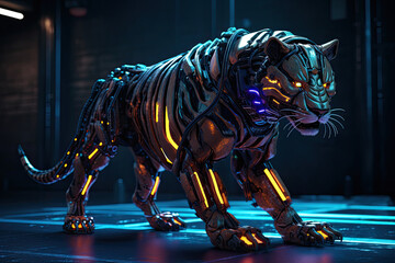 Futuristic cyberpunk robot tiger. Generative AI