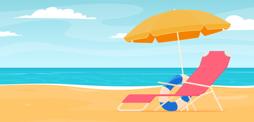 Beach deck chair with umbrella. Summer vacation on a sandy beach. Happy hot vacation. Vector illustration