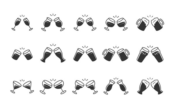 Vector Icon Set of Clinking Glasses. Cocktail, Wine, Beer, Champagne and Other Glasses