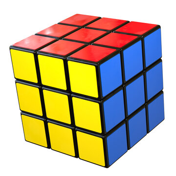 Finished Rubik's Cube. Yellow, Red and Blue Sides. Combination Puzzle Invented in 1974 by Erno Rubik. Editorial Illustration