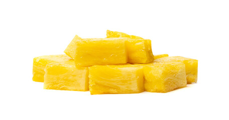 Pineapple Cuts Isolated, Raw Ananas Pieces, Comosus Tropical Fruit Chunks, Ripe Pine Apple Slices on White