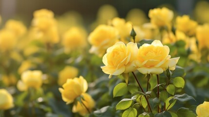 Close up of yellow rose on a bush in a garden. Generative AI.