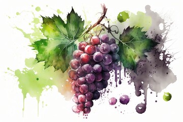 Watercolor bunch of grapes drawing. Generative AI.