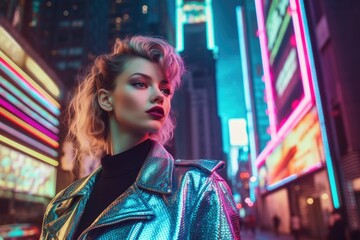 Obraz premium Futuristic and stylish 1980s fashion female model poses in the night city lights. Generative AI