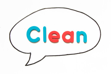 Alphabet letter with word clean in black line hand drawing as bubble speech on white board background