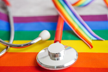 LGBT symbol, Stethoscope with rainbow ribbon, rights and gender equality, LGBT Pride Month in June. © Mihail