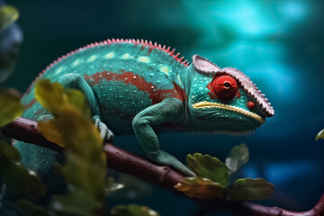 stunning turquoise chameleon, its intricate patterns and vibrant colors bringing a touch of fantasy to your imagination. Generative AI.