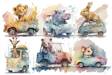 Zelfklevend Fotobehang Safari Animal set lion, hippopotamus, giraffe, bear, rabbit and mouse in the car in watercolor style. Isolated Generative AI © Zaleman