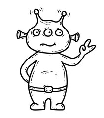 Cute green alien in doodle cartoon style, peace sign