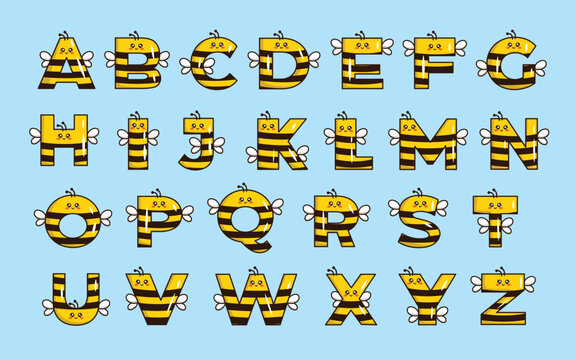 Cute bee alphabet animal font colorful letter