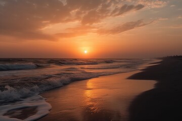 Fototapeta na wymiar Beach and sea at sunset, AI generated