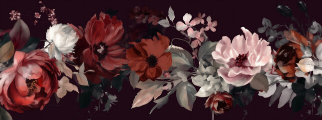 nature wallpaper flower burgundy bouquet peony vintage dark decoration beautiful background. Generative AI.
