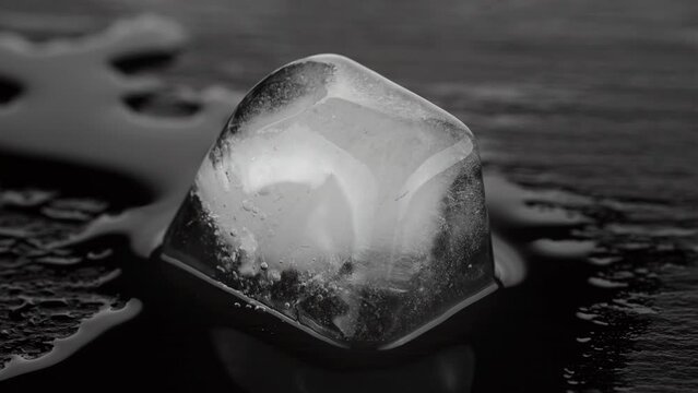 Melting ice cube close up, rotation