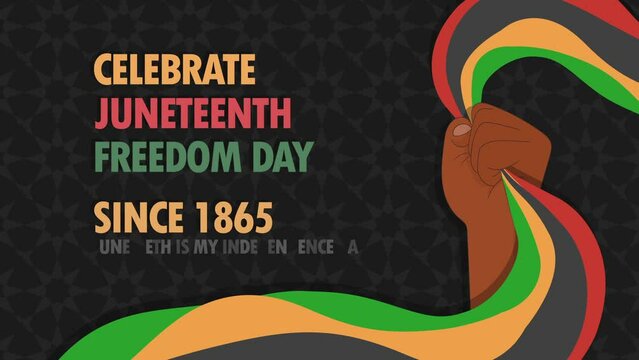 Celebrating Juneteenth background animation. Text celebrate Juneteeth. Hand hold flag. June 19. Black history month. Freedom and Emancipation day. Motion graphic