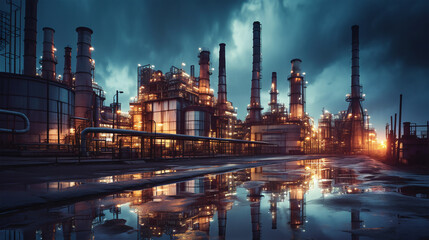 Naklejka premium a giant industrial plant at night, in the style of environmental awareness, smokey background Generative AI
